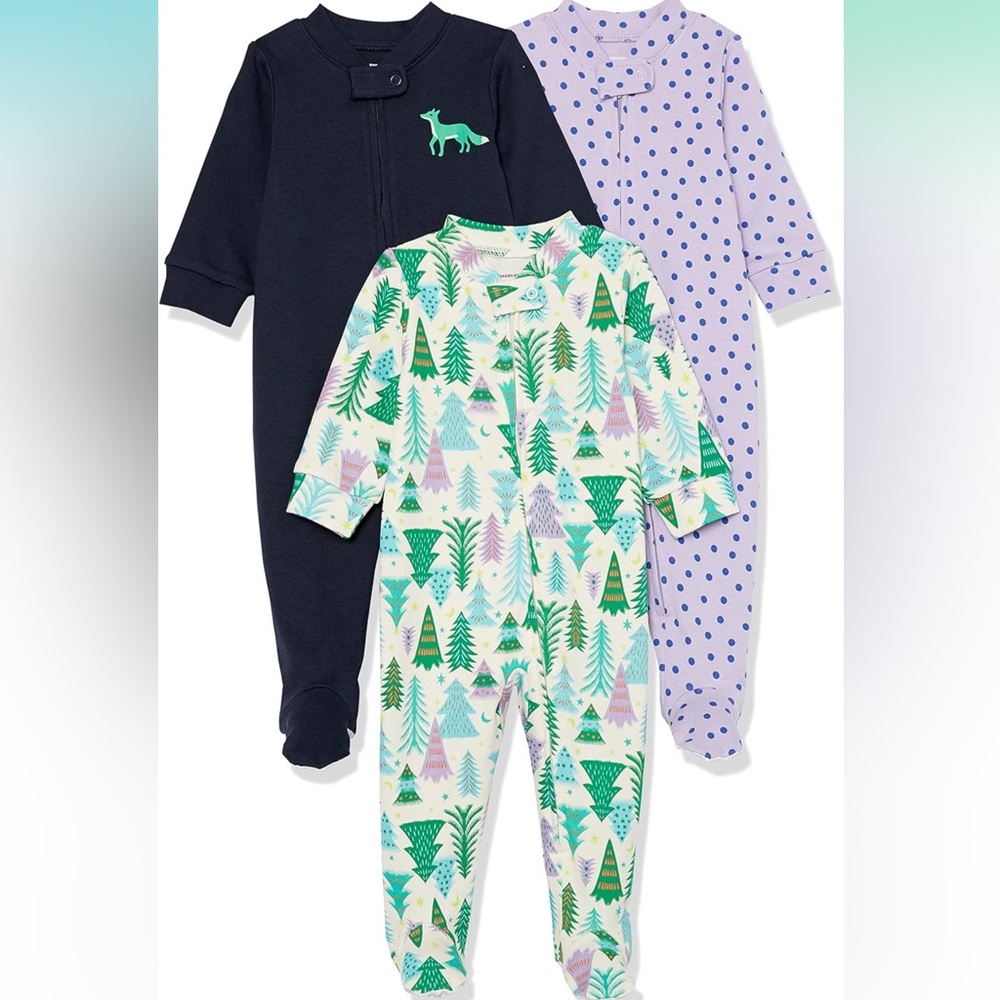 Amazon Essentials zip up footie pajamas, baby onesies. Brand new with tags, 3 pk
